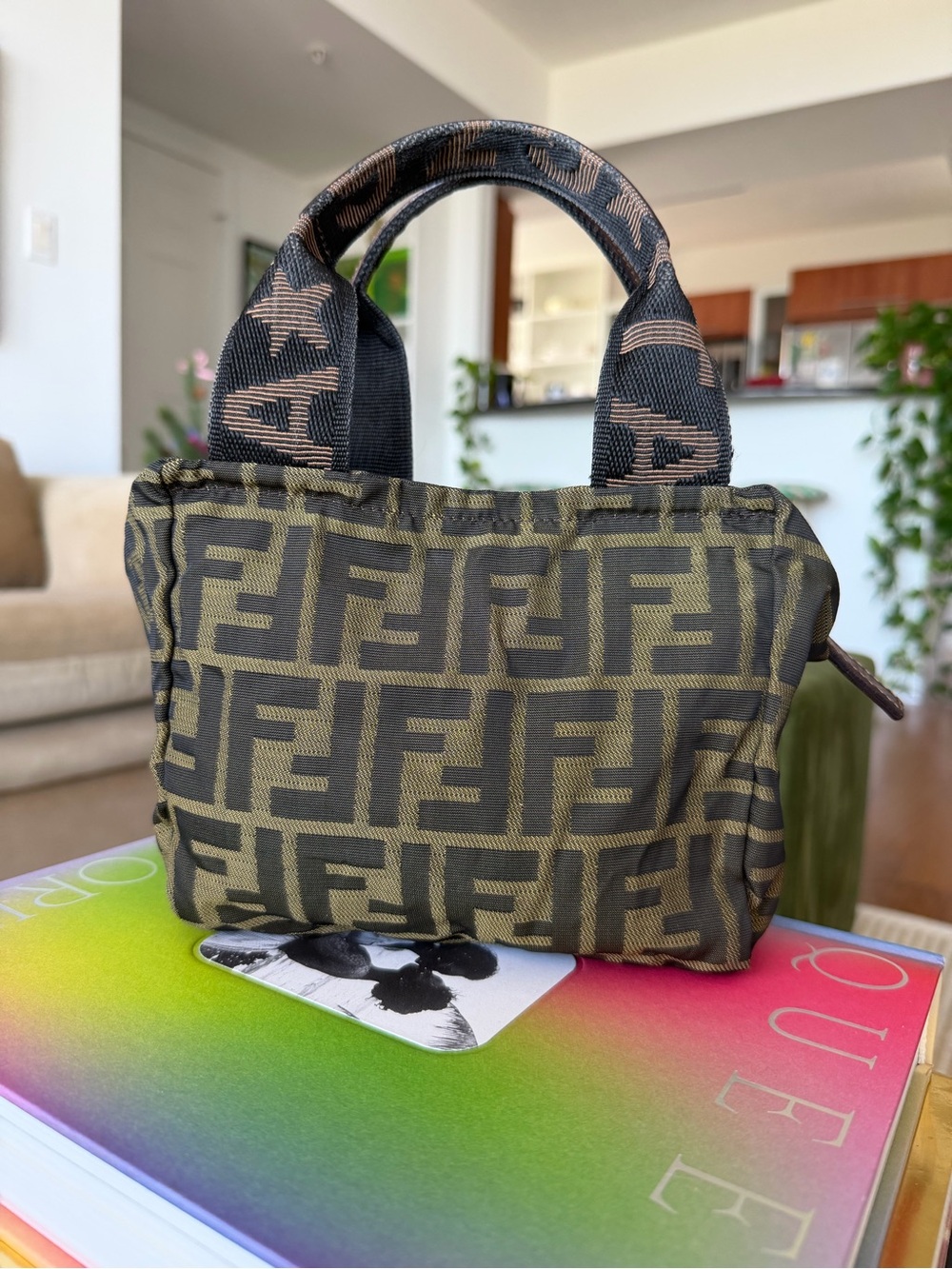 Fendi FF Jacquard Mini Tote in Olive Green and Black
